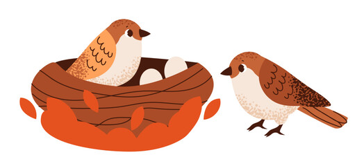 Bird nest with bird isolated on white background. Cute bird. Flat vector illustration.