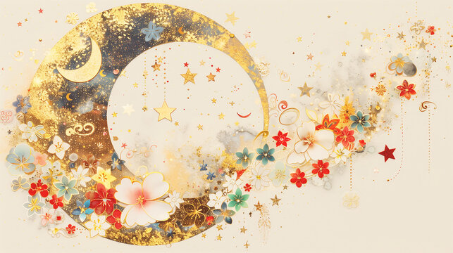 abstract ethereal moon background with warm golden glittering stars, decorated with various flowers, a dreamy appearance of crescent moon in the sky, a magical and festive mood for a holiday theme