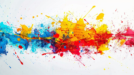 Modern abstract background with splashes of paint and bold, contrasting colors, set against a minimalist white backdrop