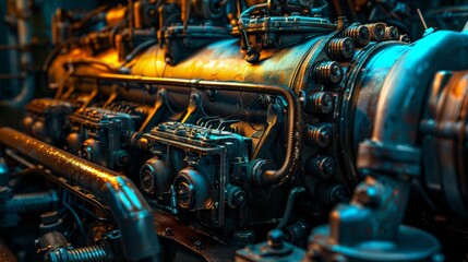 Obraz premium Close-up of a Powerful Engine - A close-up view of an industrial engine with intricate details and complex components.