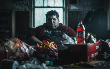 Overweight man sitting on a messy couch surrounded by junk food and trash