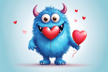 Naklejka premium Cute blue pink monster holding a balloon, fun love and Valentine's day, 