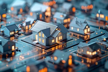 Obraz premium 3D model of a futuristic housing plan, selective focus, innovative living concept, vibrant, double exposure, smart city backdrop