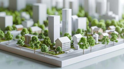 Fototapeta premium Architectural model of a sustainable urban plan, close up, green city concept, realistic, composite, cityscape backdrop