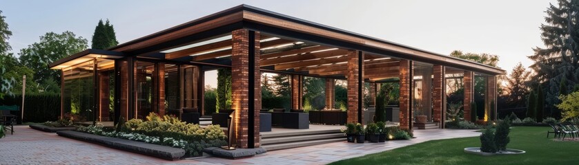 Brick and wood pavilion with glass roof, copy space, outdoor living, dynamic, silhouette, garden backdrop