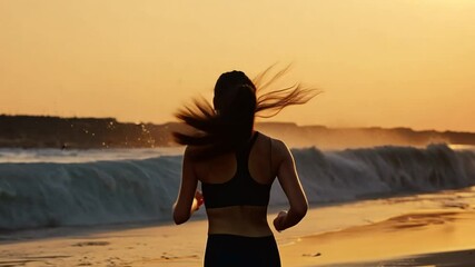 Woman Running on Beach at Sunset Generative AI