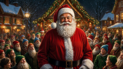 Obraz premium Santa claus greeting elves in christmas village