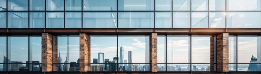 Glass facade with wooden supports and brick details, focus on, contemporary style, ethereal, composite, urban skyline backdrop