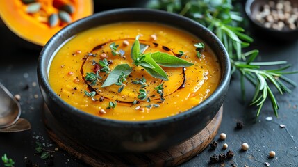 Bowl of butternut squash soup with herbs, realistic, HD.