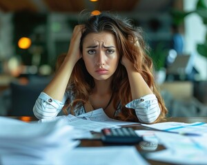 Fototapeta premium Businesswoman frustrated with financial documents, calculator on the table, focus on stress and deadlines