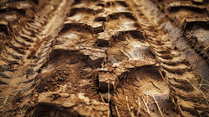 Agricultural tractor tire tread marks in dried mud forming a distinctive pattern on a dirt road