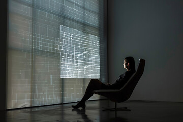 Person sitting in a chair with legs crossed, facing a wall-sized digital projection of intricate lines and abstract patterns, conveying a meditative and futuristic atmosphere.