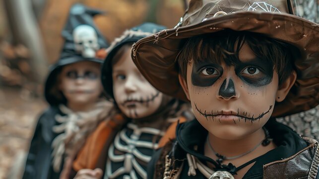 Kids in spooky costumes posing for a photo.