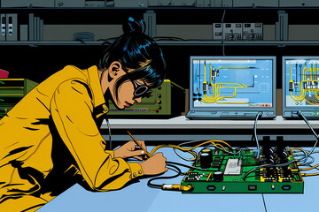 An engineer or technician is meticulously working on an electronic circuit board in a laboratory setting, highlighting precision, technology, and the detailed process of engineering.