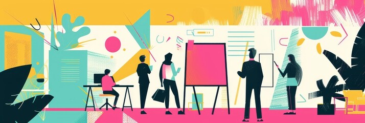 Colorful Business Meeting Illustration - Illustration of a business meeting with people collaborating and working on a project.