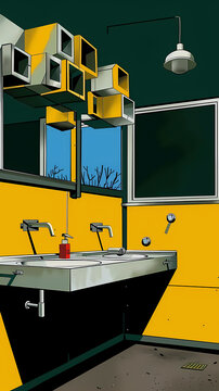 Stylized bathroom featuring bold yellow accents and multiple mirrors, emphasizing contemporary design, artistic composition, and geometric shapes against a natural outdoor backdrop.