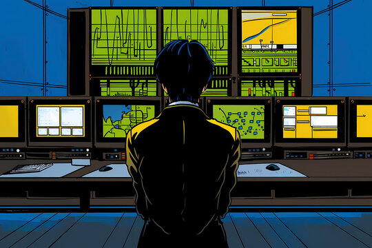 A person seated in a control room is monitoring numerous screens, representing surveillance, data analysis, and management of complex systems in a high-tech environment.