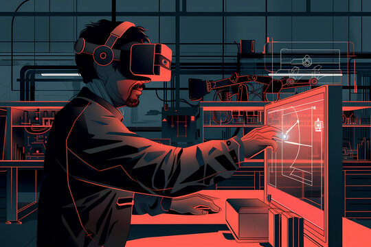 An individual interacts with a large display while using a virtual reality headset, emphasizing modern technology, virtual experiences, and digital innovation in a tech setting.