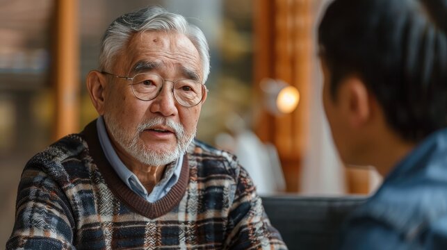 Elderly Asian man consulting psychologist, discussing mental health. Focus on therapy and emotional support