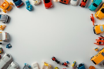 Top view of various colorful toy cars and vehicles arranged in a circular pattern with a white background. Space for text in the middle.