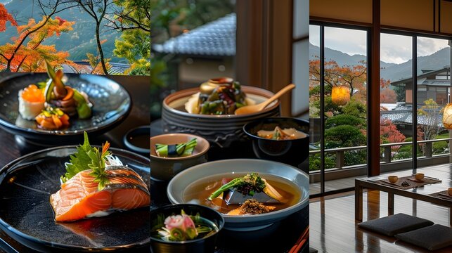 Mouthwatering Japanese Dishes in a Serene Ryokan Setting with Muromachi Inspired Landscape Painting