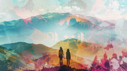 Fototapeta premium Two Silhouettes on a Mountaintop with a Dreamy Background - Two women stand on a mountain top, their silhouettes visible against a colorful and dreamlike sky and mountains. The scene evokes a sense of