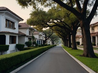 Serene road bordered by attractive homes