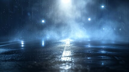 Wet asphalt reflection of neon lights a searchlight smoke. Abstract light in a dark empty street with smoke smog. Dark background scene of empty street night view night city.