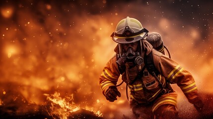 Fototapeta premium Brave firefighter in full gear battling intense wildfire, symbolizing courage and heroism in emergency situations.