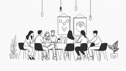 Fototapeta premium Group of People in Meeting Room - A black and white illustration of a group of people in a meeting room, sitting at a table and collaborating.