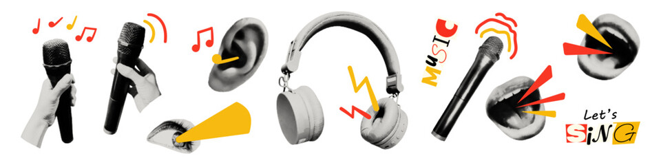 Music halftone collage elements set. Hands holding microphones, mouths singing karaoke, headphones, eye, ear listening music. Trendy modern retro grunge vector illustration on transparent background © ugguggu