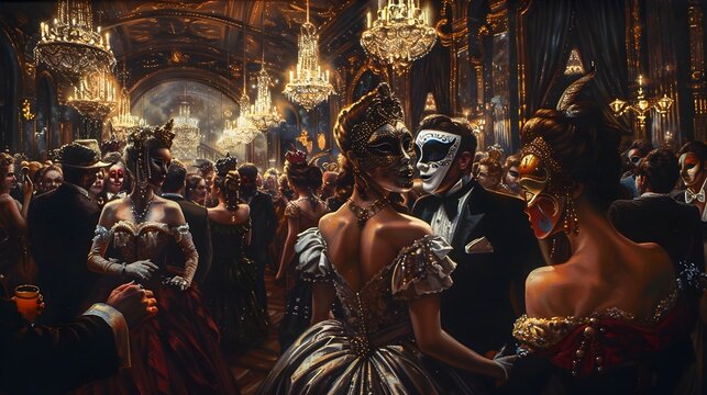 Enigmatic Masquerade Ball in Opulent Ballroom with Guests in Ornate Disguises and Theatrical Atmosphere