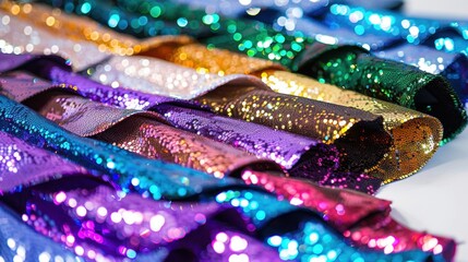 Fototapeta premium Sparkling sequin costumes laid out, emphasizing their vibrant colors and shimmer. Isolate white background