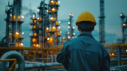 Back view of worker engineer in uniform and yellow hard hat looking at industrial refinery oil and gas plant at night