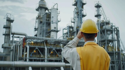 Back view of worker engineer in uniform and yellow hard hat looking at industrial refinery oil and gas plant