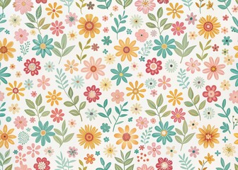 Fototapeta premium Dainty Abstract flower Bright and cute colors pattern, simple, neutral flowers on white background Seamless pattern of elegant, dainty, neutral watercolor floral for fabric, home decor, and wrapping