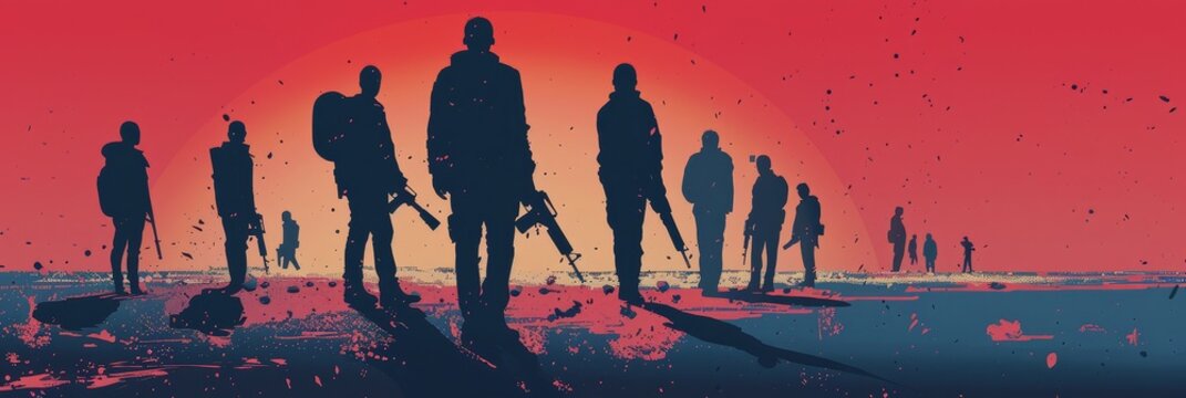 Silhouettes of Soldiers at Sunset - A group of soldiers in silhouette walk across a barren landscape, guns in hand, with the setting sun in the background.