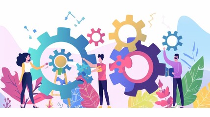 Teamwork and Collaboration: Gears of Success - Illustration depicting teamwork and collaboration, represented by people working together on large gears, symbolizing the interconnectedness and importan