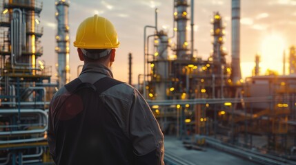 Back view of worker engineer in uniform and yellow hard hat looking at industrial refinery oil and gas plant at night