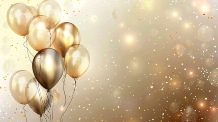 3D abstract illustration with glossy metallic golden balloons over gradient bright background. Birthday background with balloons.