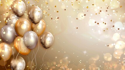 3D abstract illustration with glossy metallic golden balloons over gradient bright background. Birthday background with balloons.