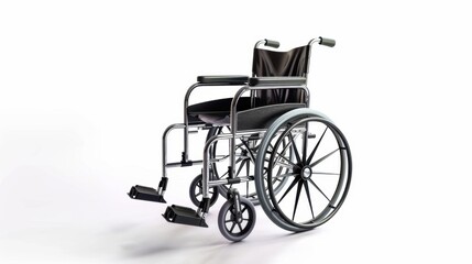 Fototapeta premium A wheelchair placed at an angle, with its wheels and seat clearly visible, on a white background. Isolate white background