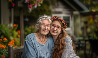 Fototapeta premium Happy grandmother hugs her granddaughter. An older and younger woman in wreaths of flowers against the background of a wooden house in the village. The concept of family, relationship.