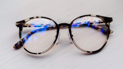 A pair of stylish eyeglasses with clear lenses, resting on a white background, symbolizing vision correction and style.