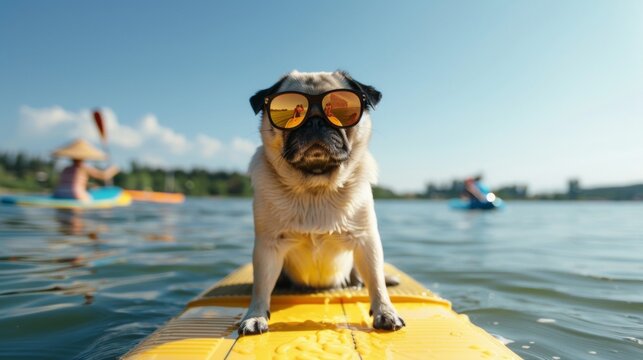 beautiful dog with glasses on a surfboard in the sea