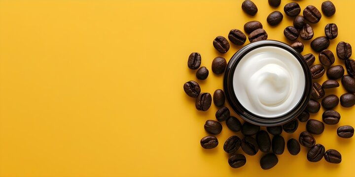 Coffee bean-scented caffeine eye cream on a colorful backdrop. Concept Beauty Products, Skincare Routine, Coffee Lover, Bright Colors, Product Photography