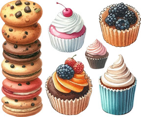 set with a variety of bright cakes, cupcakes and sweets in a watercolor style 