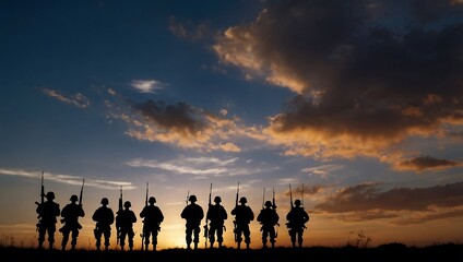 Silhouettes of soldiers against a sunset sky backdro