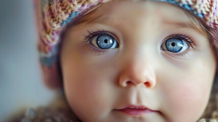 Cropped portrait of a little girl with big bright blue eyes. The girl is dressed in a knitted colored warm hat and scarf. Happy childhood concept. Selective focus. Generative AI.