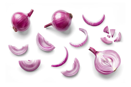 Whole and cut red onions isolated on white or transparent background
